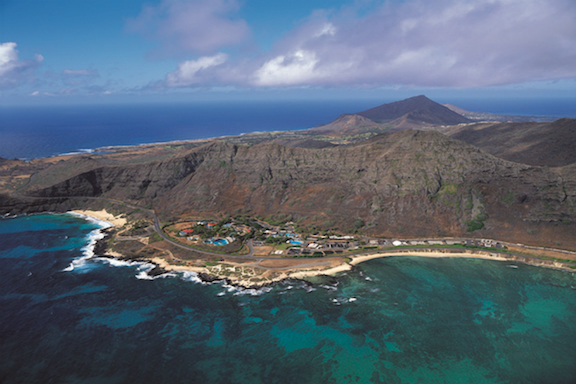 An aerial view of the Oceanic Institute  in Waimanalo on the Windward coast, backed by the Ko'olau mountains.