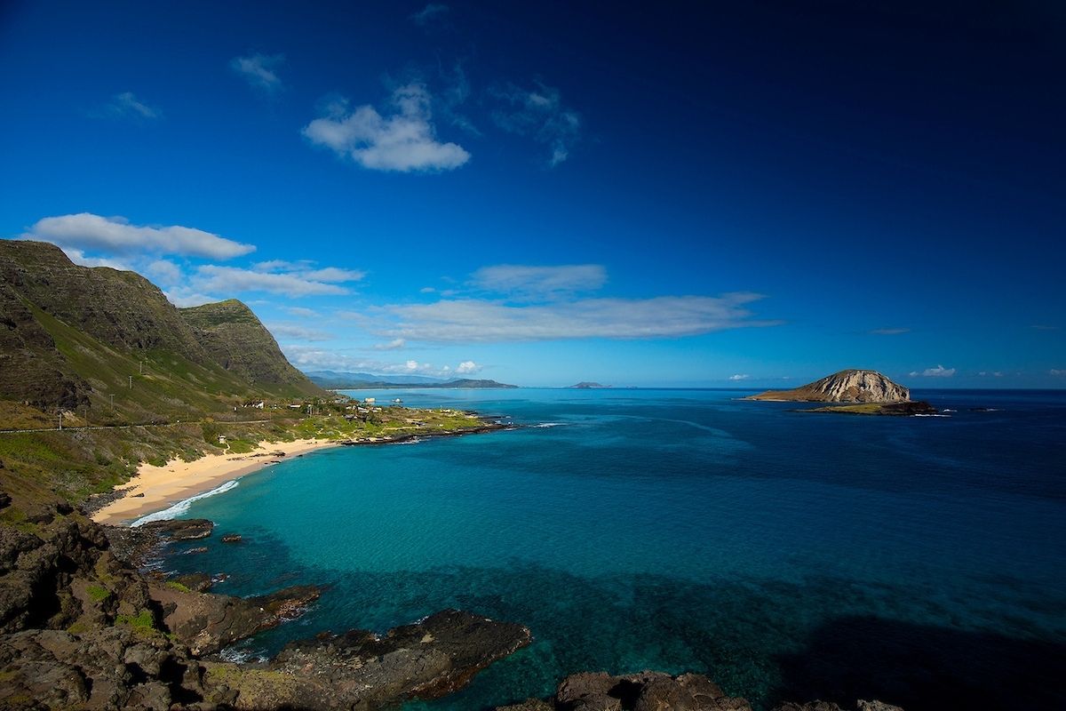 An aerial view of the Oceanic Institute  in Waimanalo on the Windward coast, backed by the Ko'olau mountains.