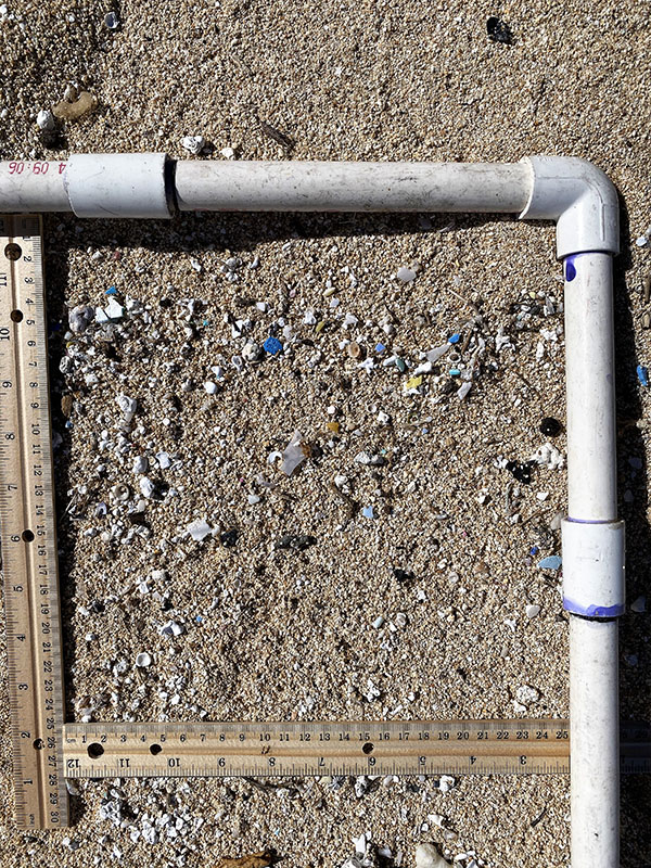 Plastic debris on ocean shore being measured