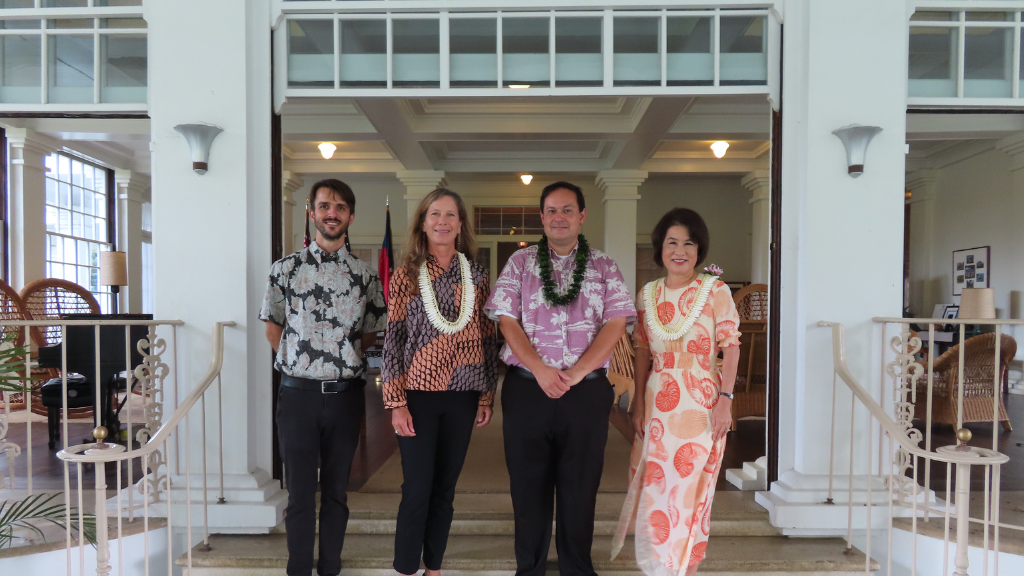 Pictured from left to right: Travis Hancock, curator of Washington Place; Katie Stephens, an architect from Architects Hawai‘i; Douglas Askman, Ph.D., HPU history professor; First Lady Dawn Amano-Ige.