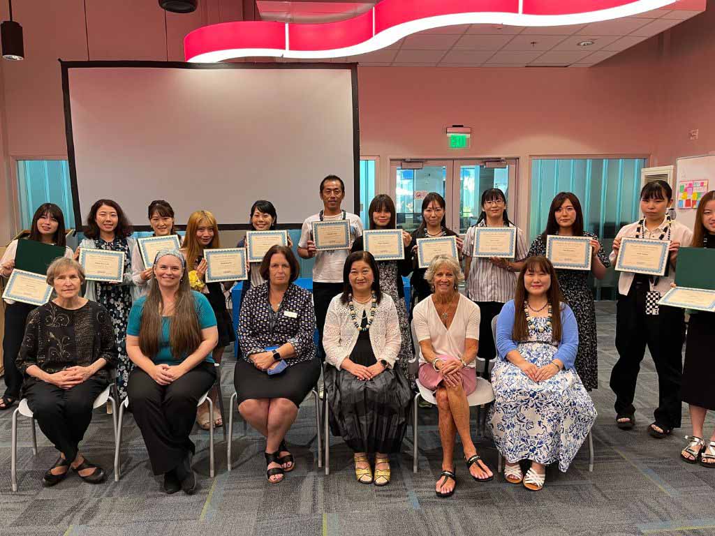 Ibaraki Christian University (ICU) English Teacher Program participants and ICU administrators with HPU program and college administrators at the program completion ceremony. 