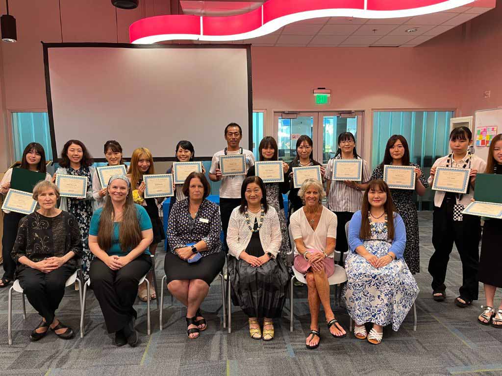 Ibaraki Christian University (ICU) English Teacher Program participants and ICU administrators with HPU program and college administrators at the program completion ceremony.