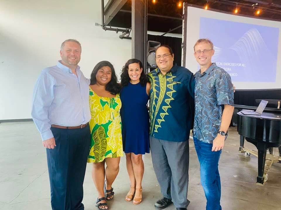 Pictured from left to right: Jamie Flora, Jerilyn Ornelas (teacher at Kalihi Elementary School), Dr. Olga Flora, Justin Ka‘upu (teacher at Kamehameha Schools Kapālama), and Dr. Alec Schumacker, HPU Assistant Professor of Music and Director of Choral Activities