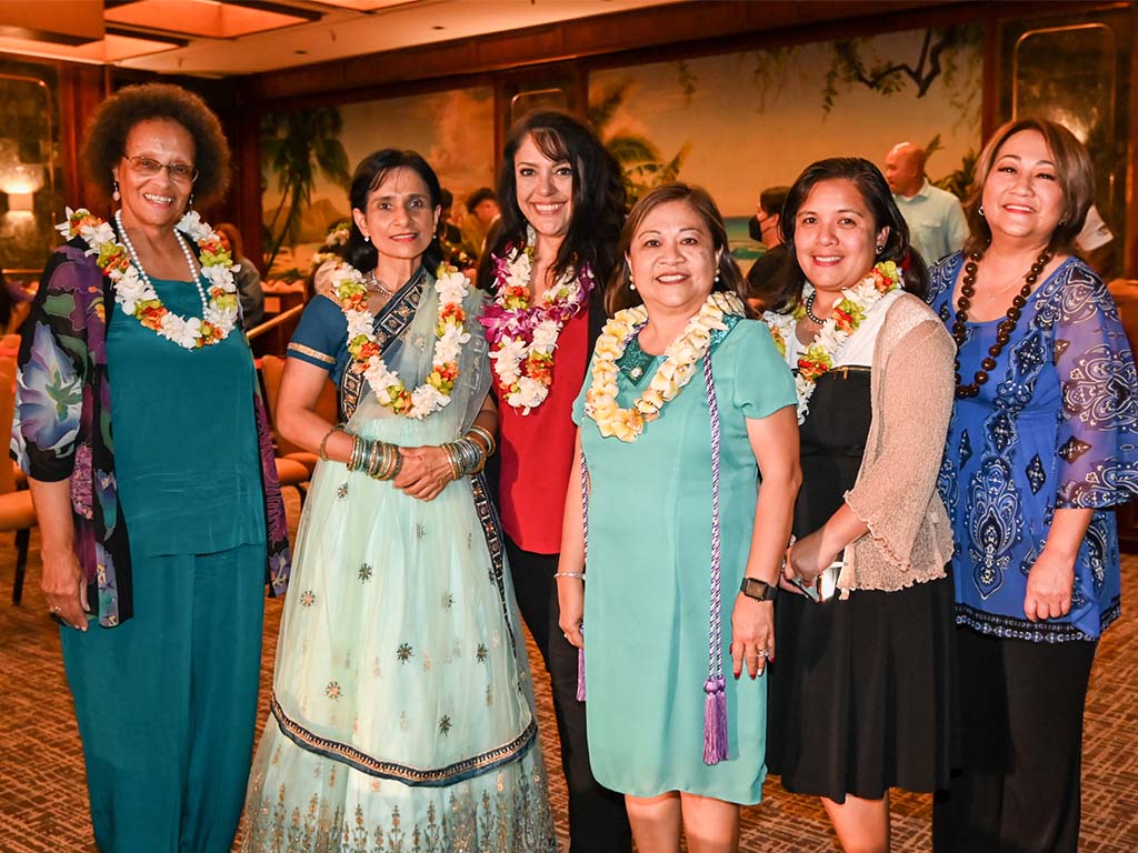 HPU nursing faculty at the pinning ceremony (left to right): Patricia Burrell, Ph.D., APRN, BC, CNE; Hazel Downing, ED.D., RN; Joelle Phillips, DNP, RN; Edna Magpantay-Monroe, ED.D., APRN, CMDCP; Leeah Javier, DNP; Kathy Gadaingin, APRN, FNP-BC