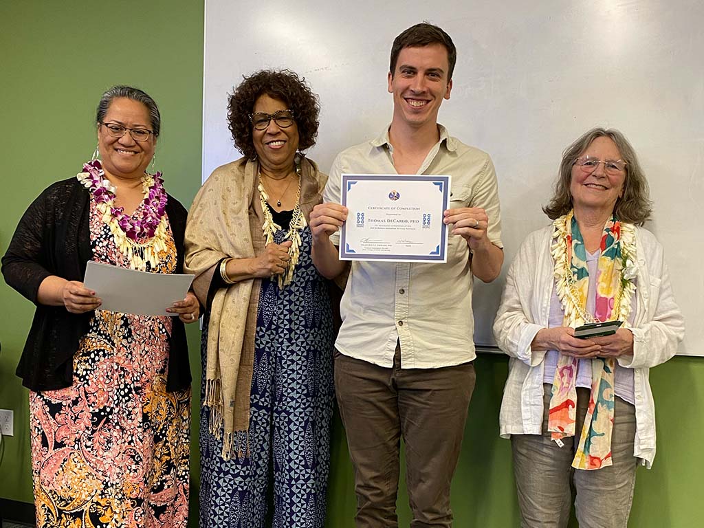 HPU professors and adjunct faculty received certificates of completion at the writing retreat; pictured are (L to R) Halaevalu Vakalahi, Saundra Starks, Thomas DeCarlo, Cathryne Schmitz