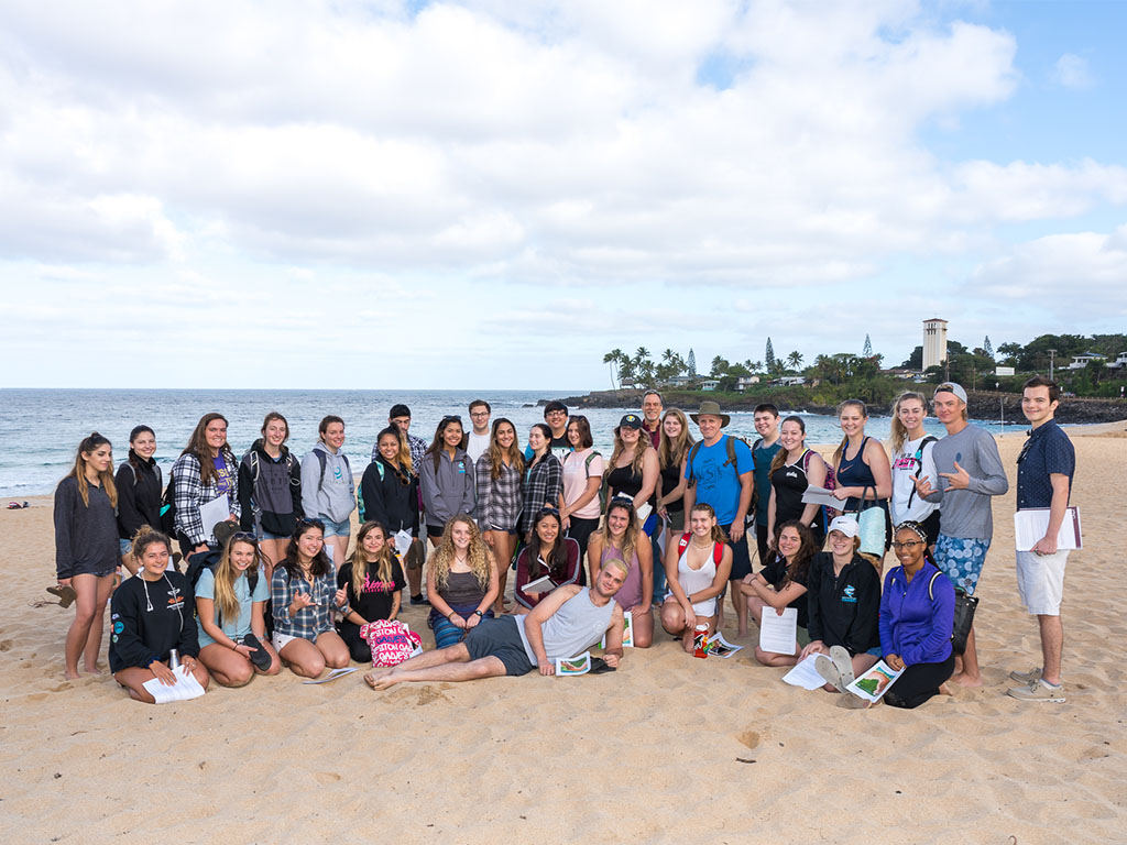HPU Residential Honors Program students at Waimea Bay on O'ahu