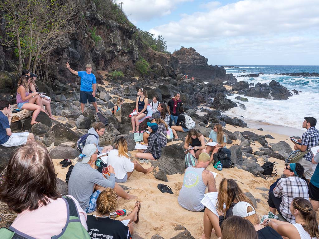 Residential Honors Program students are taught geology on-location at Waimea Bay on O'ahu