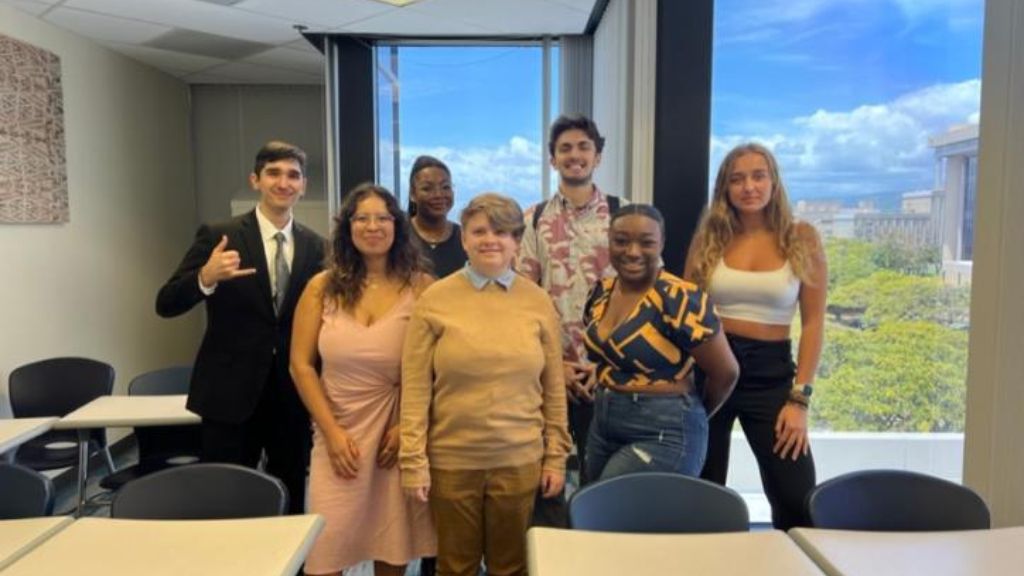 Spring 2023 HPU Debate Society members, from left to right: Coach Kaikane Glorioso, Scarlett Baeza, Skyy Blue, Theo McLain, Adrian Stinardo, Jaedon Anthony, Amber Nelson 