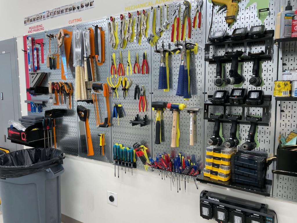 Wall of tools at Boston College Makerspace