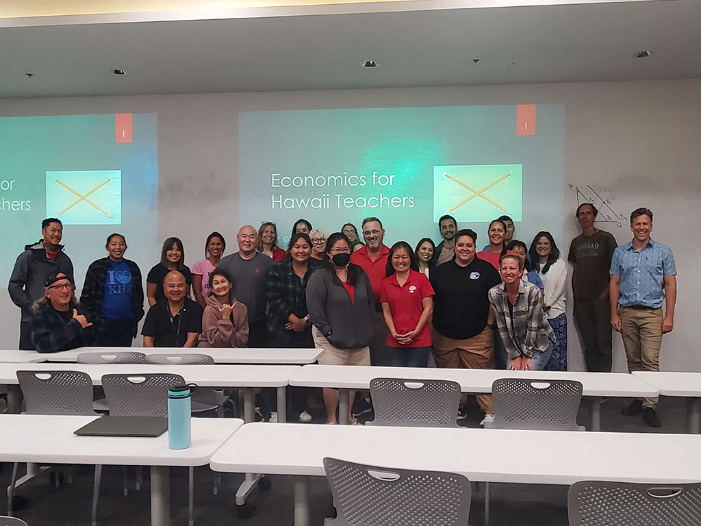 The summer 2023 cohort of Hawai'i teachers pictured with Gerard Dericks, Ph.D. (seen far-right)