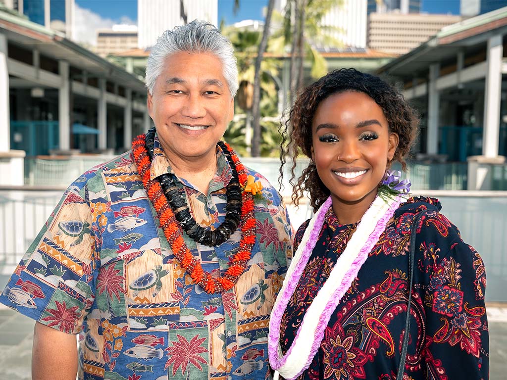 Wanjiku 'Wawa' Gatheru and Kumu Ramsay Taum at HPU's Aloha Tower Marketplace campus