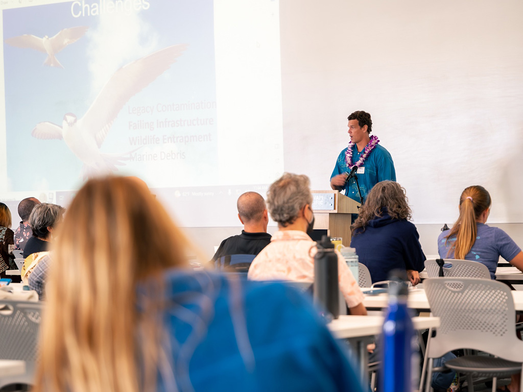 Workshop presenter Jared Underwood, Ph.D., U.S. Fish and Wildlife Service, talks about the trashed Tern Island turtle stranding tragedy