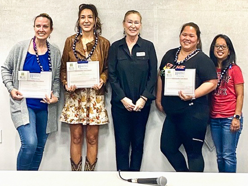 Pictured left to right: Lacy Razor, Jennifer Bandy (SNA 'Be the Match' Ambassador), Joy Bliss, Robyn Teruya and Juliet Llarenas were awarded the 'Community Cord' from Be the Match.' The 'Community Cord Award’ recognizes the dedication of 20-plus volunteer hours to the 'Be the Match' national marrow donor program by matching patients with donors and advancing healthcare research. The award demonstrates commitment to community service, compassion, and supporting life-saving initiatives