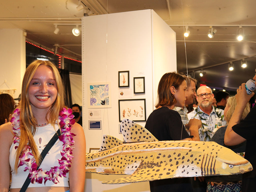 HPU student Lily Rademacher contributed to the SeaGrant Art Exhibit by creating a zebra shark made from recycled materials