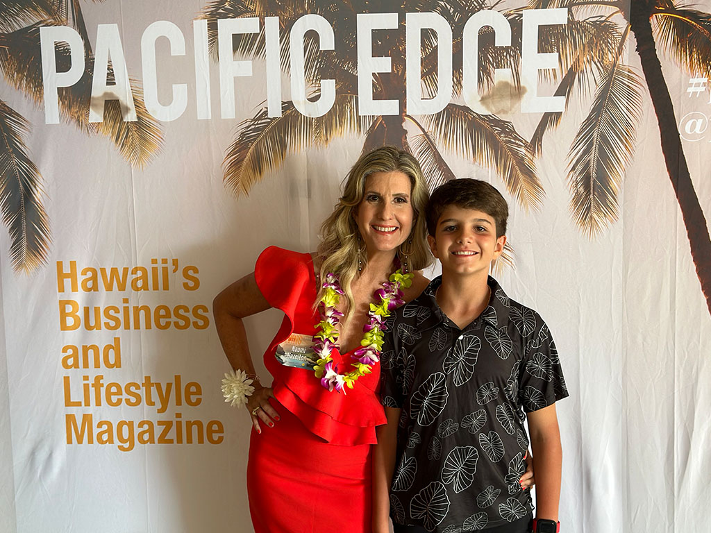 Hazelton with her son at a Pacific Edge media event