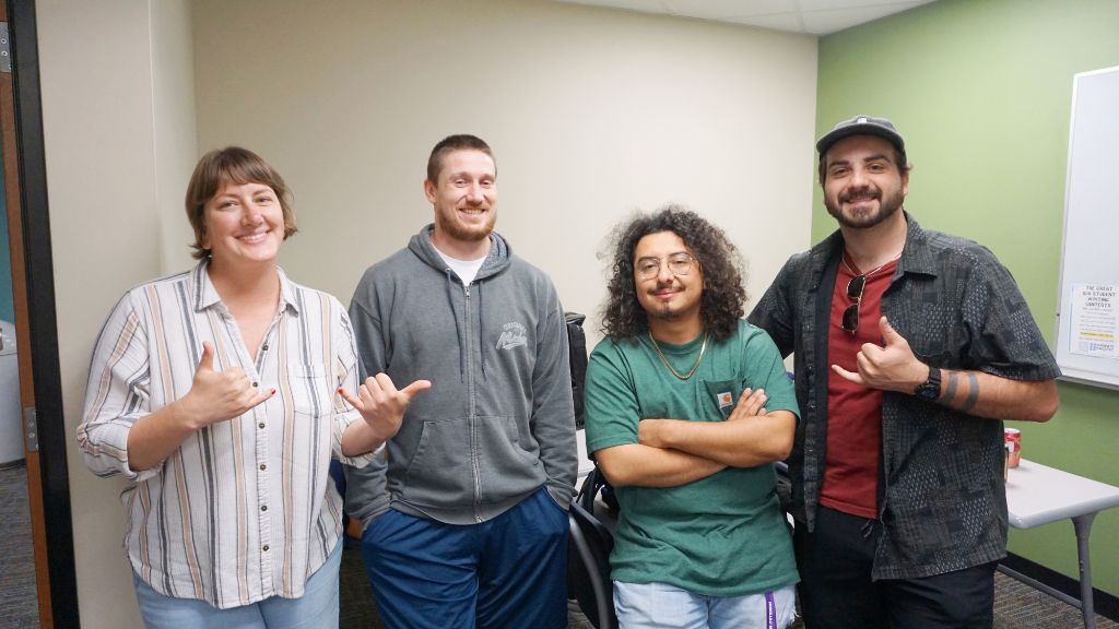 From left to right are HPU students: Jessie LaDoucer (MA TESOL), Keegan Jones (concurrent BA TESOL/MA TESOL), Eric Cruz (BA TESOL), Jared Libby (MA TESOL)