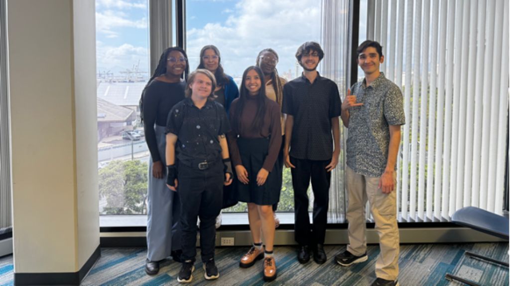 HPU Debate Society, from left to right: Skyy Blue, Theodore McLain, Scarlett Baeza, Sophia Siangco, Jaedon Anthony, Hunter Hurtado, Kaikane Glorioso