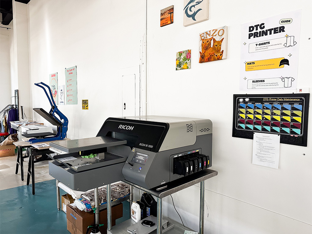 A direct-to-garment machine (DTG) located in the maker space