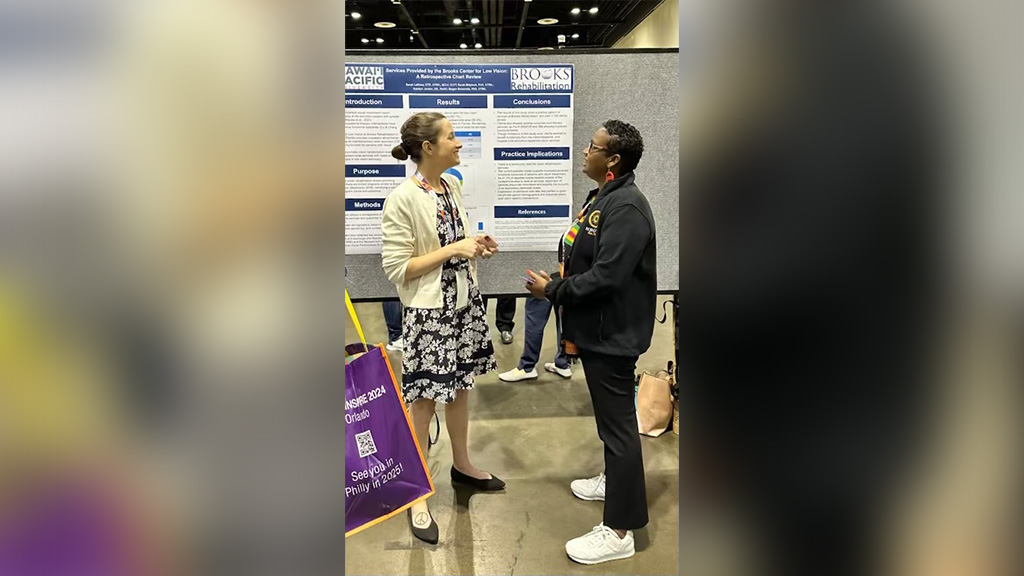 Sarah Blaylock (left), Ph.D., OTR/L, connects with her former colleague Nardia Aldridge, Ph.D., OTR/L, Associate Professor at Nova Southeastern University, at the 2024 American Occupational Therapy Association INSPIRE Conference & Expo held in Orlando, March 21-23 