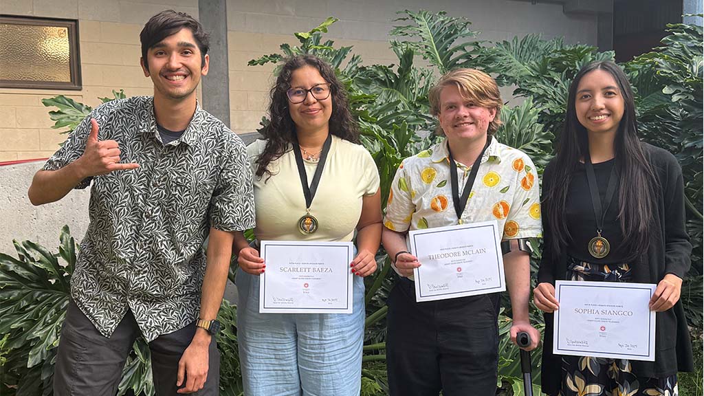 From left to right: Coach Kaikane Glorioso, Scarlet Baeza, Theodore McLain, Sophia Siangco