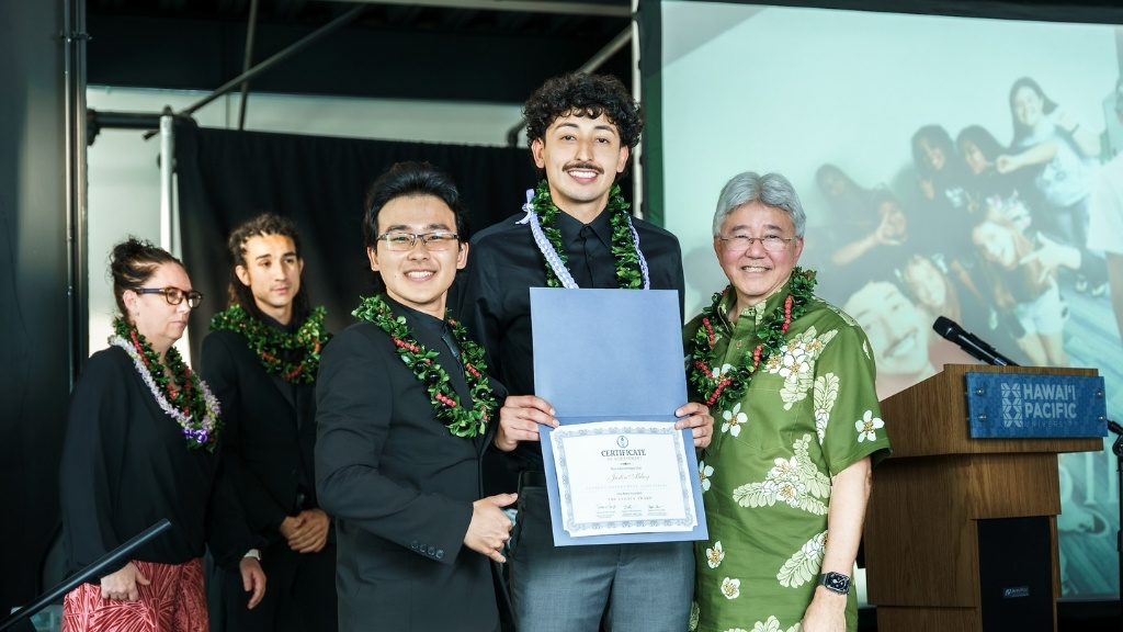 Dyson Chee, Legacy Award honoree Justin Alday, and President John Gotanda