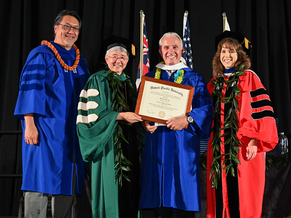 John F. Scarpa received an honorary doctorate from HPU in 2024. Pictured (left to right): Lance Wilhelm, John Gotanda, John F. Scarpa, Jennifer Walsh
