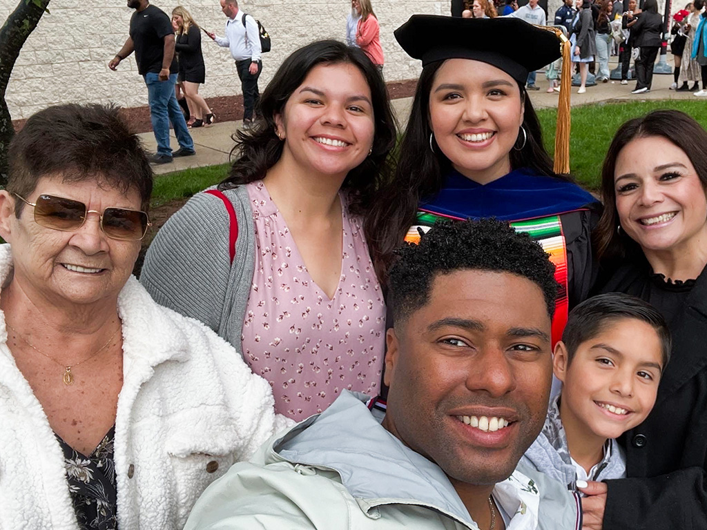Graduation day at Rutgers University with Avina’s family, left to right: grandma Linda, her sister Kailey, her mother Dalynn, her brother Dylan, and her fiancé Maurice