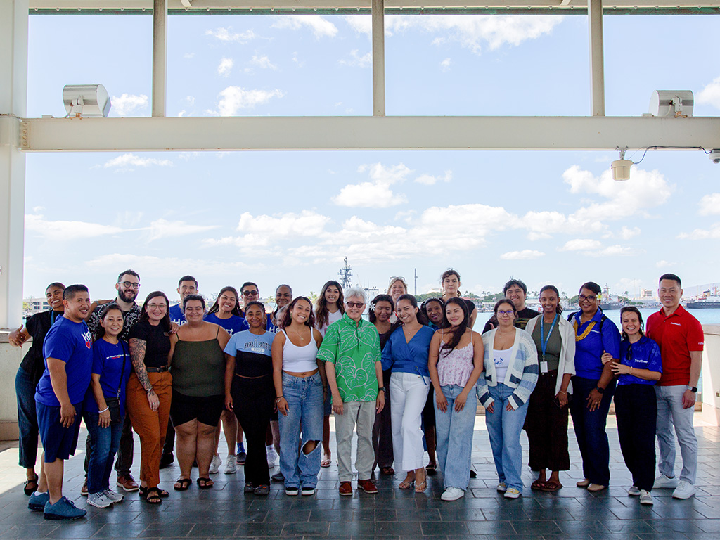 HPU students and HPU President John Gotanda (center) at Aloha Tower Marketplace for the Southwest Airlines R.A.P.I.D. Employee Resource Group Project