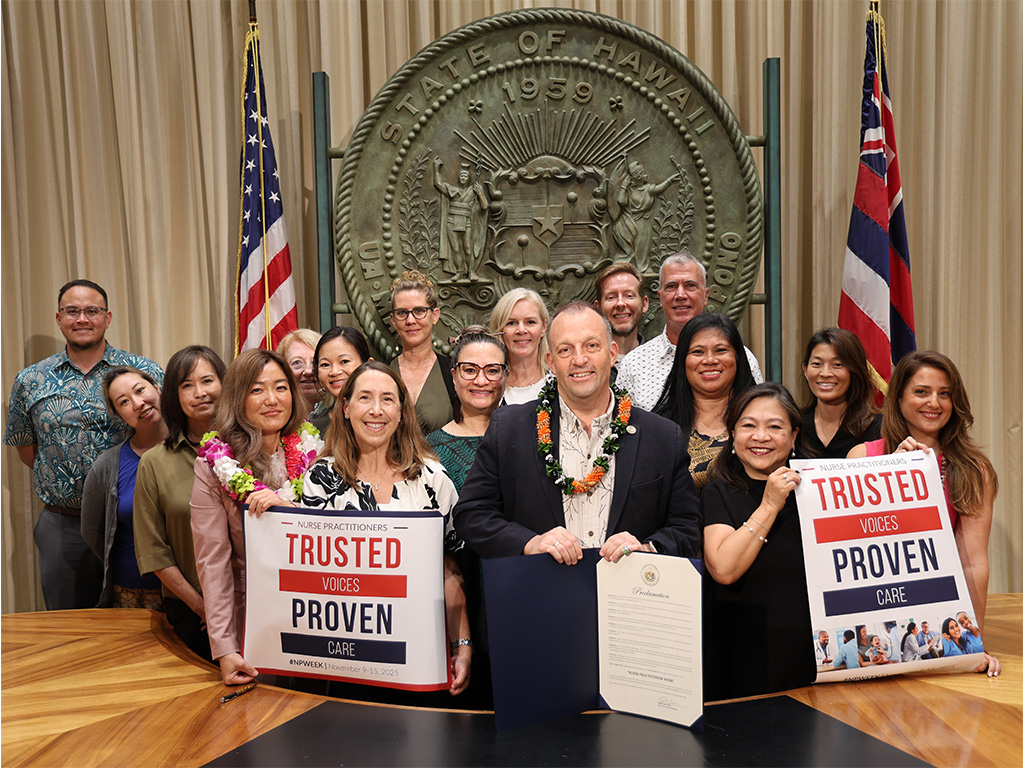 Gov. Green welcomed 16 nursing leaders (Dean Edna Magpantay-Monroe seen second from right) from across the islands to the Capitol to sign a proclamation officially recognizing National Nurse Practitioner Week in Hawaiʻi