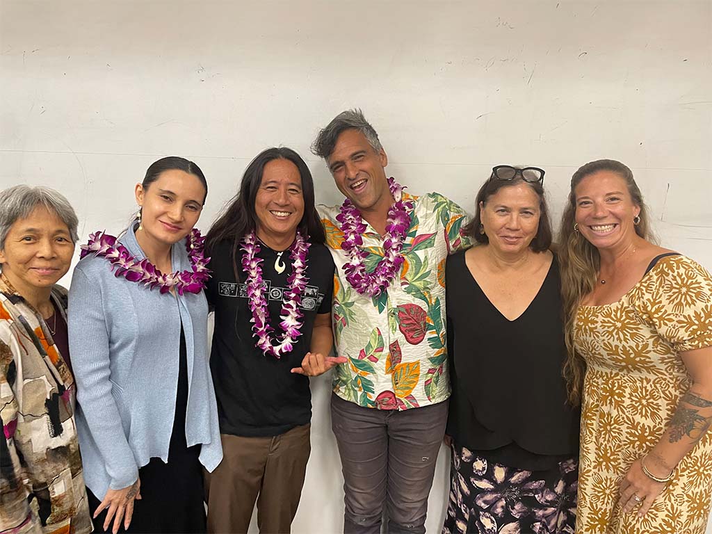 From left to right are HPU Associate Professor of Comparative Literature Micheline Soong, Ph.D., Taimane, Kealoha, Solomon Enos, HPU Professor of History and Director of Honors Programs Linda Lierheimer, Ph.D., and HPU Residential Honors Program faculty Rebecca Arechiga