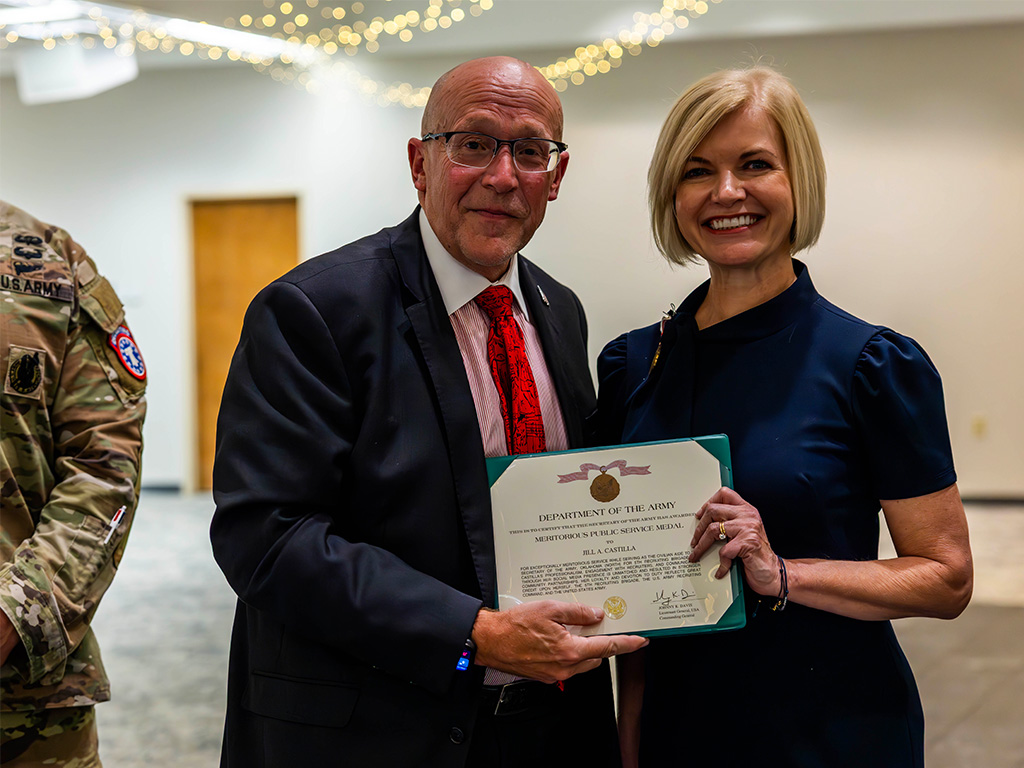Jill Castilla receiving the Meritorious Public Service Medal for her service as a Civilian Aide to the Secretary of the Army