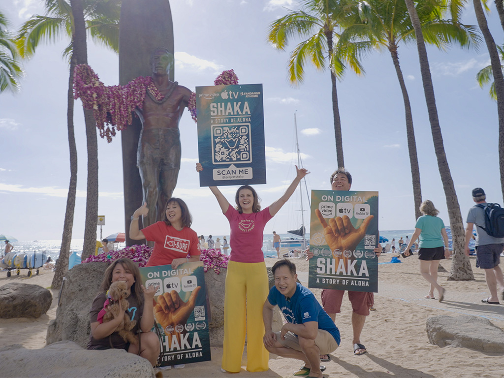 Rebecca Teresia (center) with filmmakers of 'Shaka, A Story of Aloha,' in Waikiki
