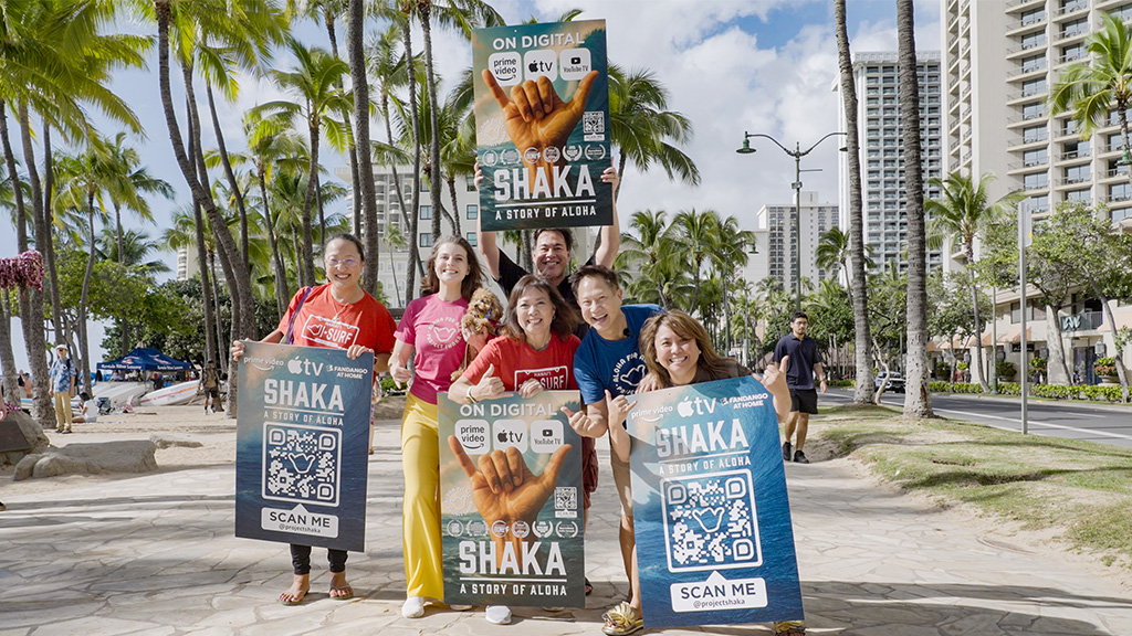 In Waikiki, filmmakers behind 'Shaka, A Story of Aloha' gathered to celebrate the film's global release (Rebecca Teresia is second from left)
