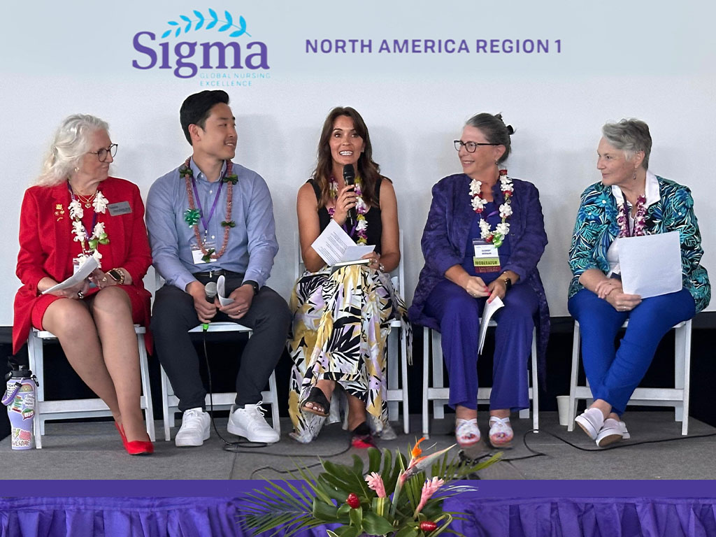 Jessica Nishikawa (center) speaking at one of the leadership panels she participated in at a past Sigma Theta Tau conference held at HPU’s Aloha Tower Marketplace
