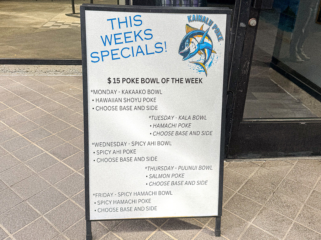 The weekly specials menu at Kainalu Poke at Waterfront Plaza