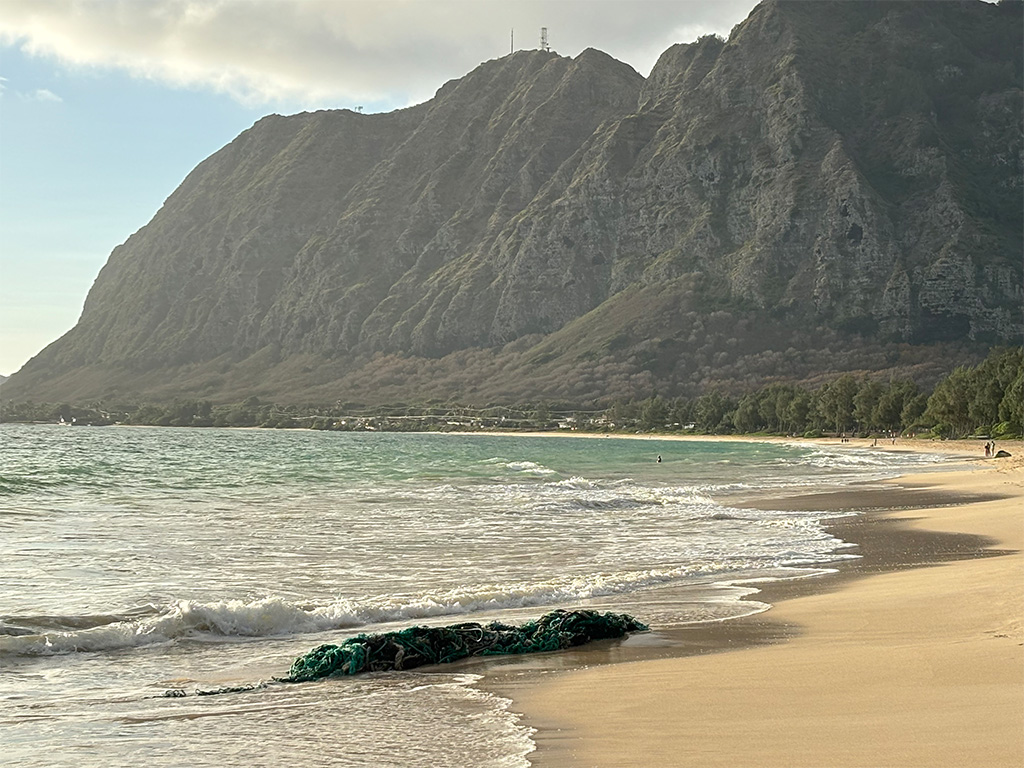 Derelict fishing gear, often called ghost gear, washed ashore on a beach in Hawai'i