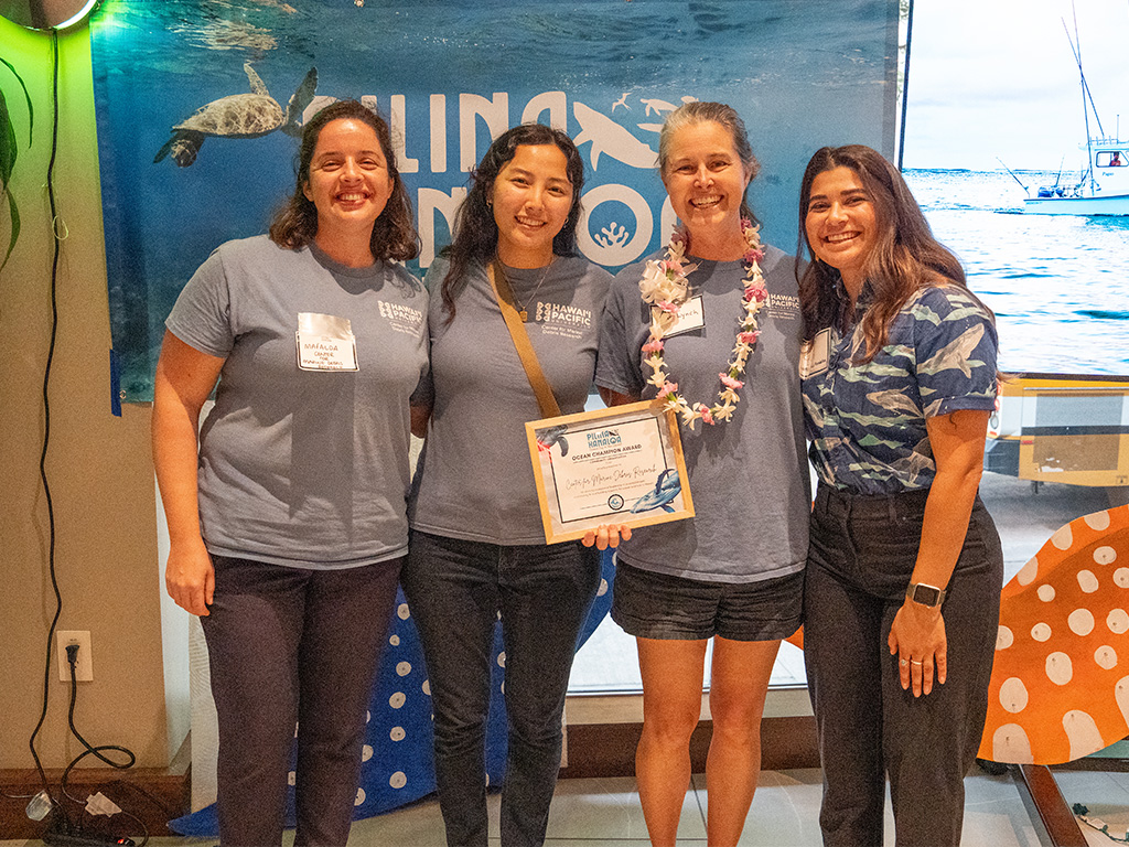 HPU's Center for Marine Debris Research won the Ocean Championship Award at this years Pilina Kanaloa Ocean Day (Mafalda de Freitas seen far left and Jennifer Lynch seen second from right)