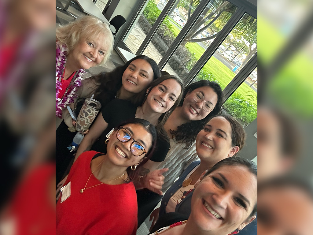 HPU public health students and faculty attended the fall 2025 HPHA APHA annual Meeting. Clockwise from bottom: Heather Medicine Bear, Princess Paradise Pascua,  Jayne Smitten, Gabrielle Mediola, Amber Mattoon, Elizabeth King, and Erika Collazo-Vargas