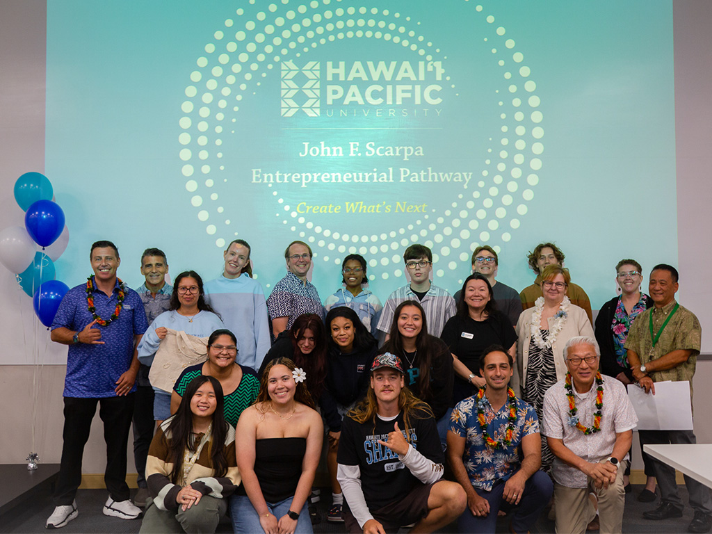 HPU students, judges, faculty, and staff at the Second Annual John F. Scarpa Entrepreneurial Pathway Makerspace Competition on April 2