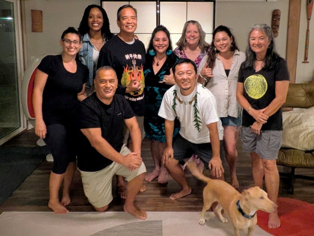 HPU School of Social Work faculty from left to right, Danielle Giroux, Ph.D., GIa Douglas, Peter Mataira, Ph.D., Paul Tran, Tammy Kahalaopuna Kahoʻolemana Martin, Ph.D., Vince Okada, Ph.D.,Lisa Dunn, Tracy Stewart, Ph.D., and Lori Daniels, Ph.D