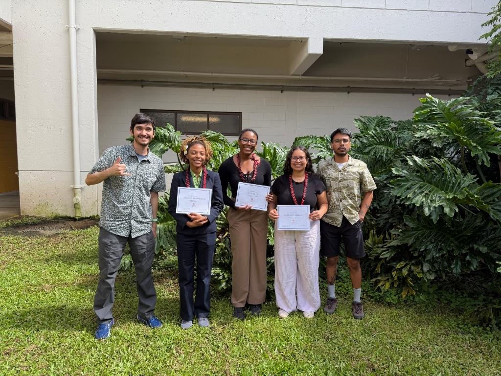 Coach Kaikane Glorioso, far left, and the HPU Debate Society team members at the 2026 Edith Kanakaʻole Hawaiʻi Island Debate Tournament