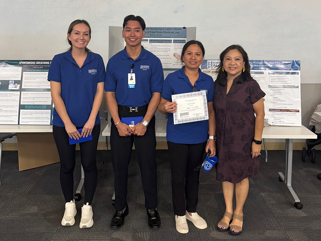 HPU nursing student Janice Bimbo, second from right, received the Dean's Award during the Spring 2026 Evidence-Based Practice Showcase alongside classmates and HPU Dean Edna Magpantay-Monroe, far right