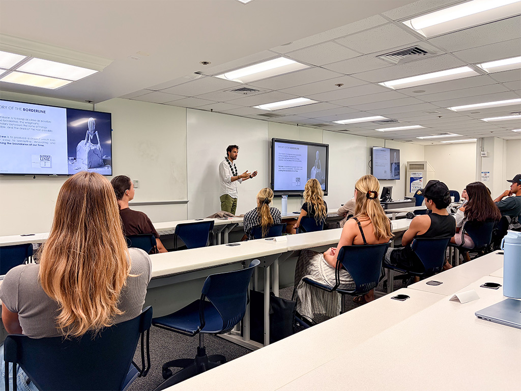 Luca Alessi returned to HPU in spring 2026 and spoke to a classroom of marketing students