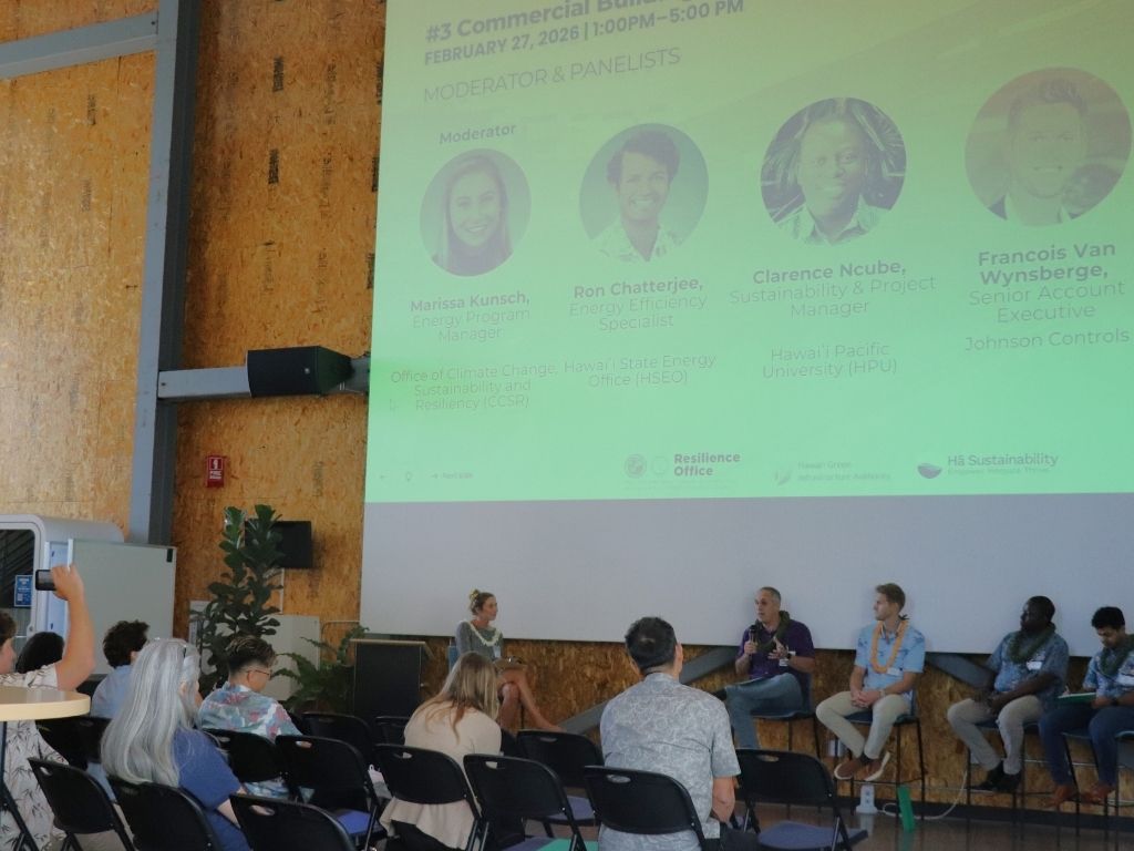 Panelists for the commercial building clean energy session at the Energizing Oʻahu workshop series present