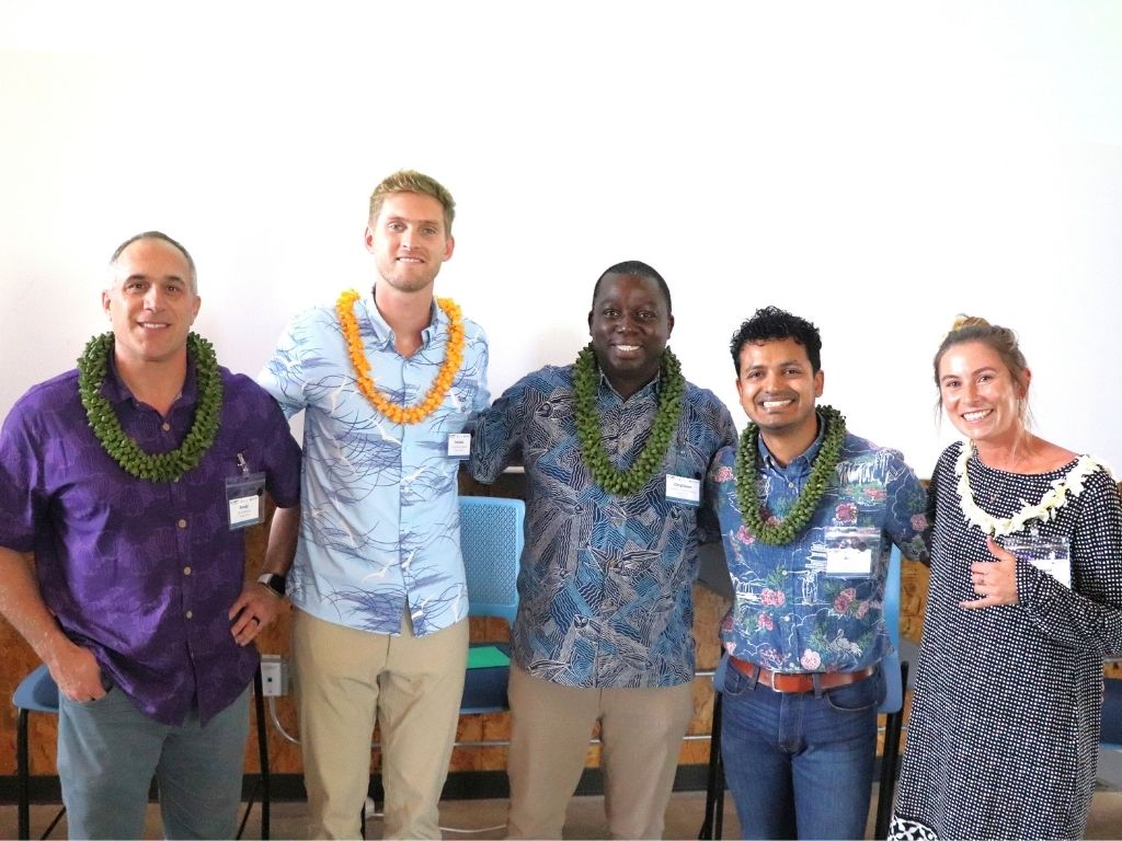 Commercial building clean energy session panelists at the Energizing Oʻahu workshop series, from left to right, Brody McMurtry, CEO, Good Current; Francois Van Wynsberge, Senior Account Executive, Johnson Controls; Clarence Ncube, Sustainability and Project Manager, Hawaiʻi Pacific University; Ron Chatterjee, Energy Efficiency Specialist, Hawaiʻi State Energy Office; Marissa Kunsch, Energy Program Manager, Office of Climate Change, Sustainability and Resiliency 