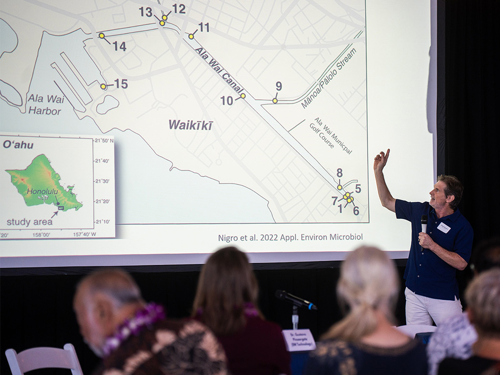 Keynote speaker Greig Steward, professor of oceanography at UH Manoa, spoke about the complexity of the Ala Wai Canal