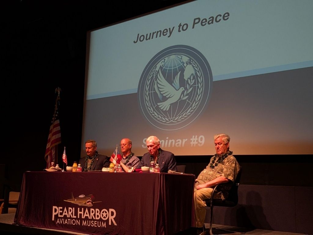 Pictured from left to right are U.S. Army Col. (Ret.) and HPU adjunct history faculty member John Hansen, Russell Hart, Ph.D., professor of history and faculty director of HPUʻs Diplomacy and Global Security program, U.S. Ambassador (Ret.) Jim Moriarty, and U.S. Navy Capt. (Ret.) and former visiting assistant professor at HPU Carl Schuster 