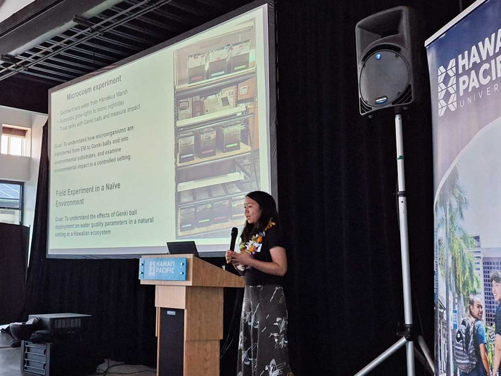 Oliva Nigro, Carmella Vizza, and UH Manoa graduate student Kacie Kajihara (pictured) presented data from their two-year study in Hamakua Marsh