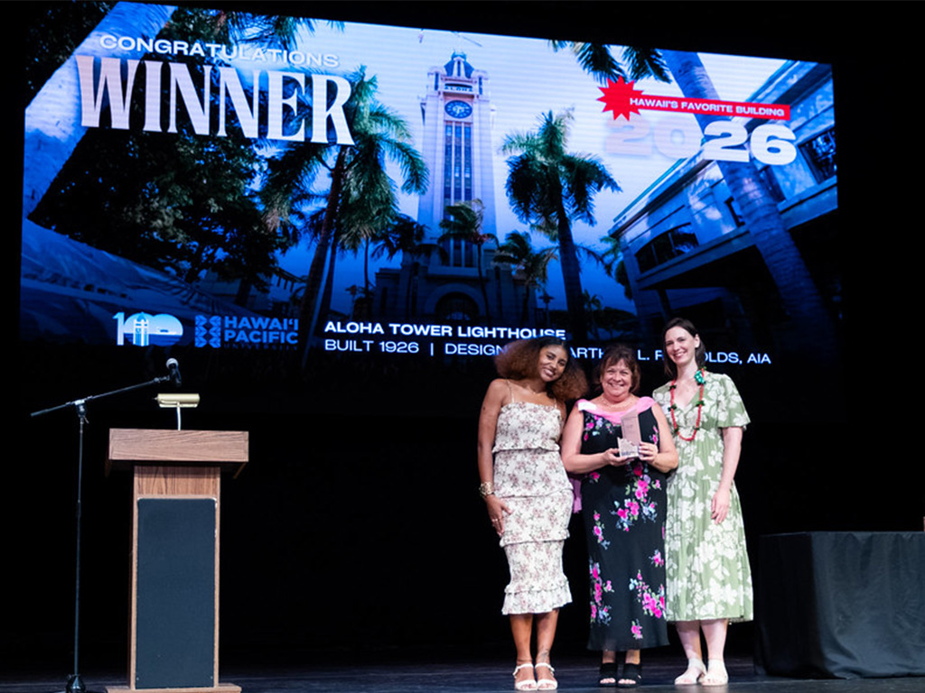 HPU's Maureen Silva (center) and Olivia Ngokion (left) accept the AIA Honolulu People's Choice Award on the University's behalf, with Katrina Valcourt, executive editor at HONOLULU Magazine (right). Image courtesy of Anthony Consillio