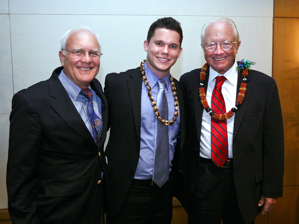 Michael Bennett (center) with HPU Faculty Emeritus Ken Schoolland (left) and then-HPU President Chatt G. Wright (right)